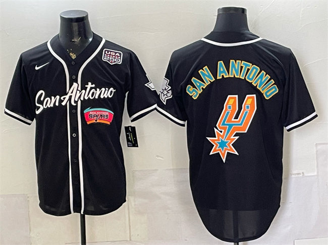 Men's Black San Antonio Spurs Team Big Logo USA 250' Patch Stitched Baseball Jersey